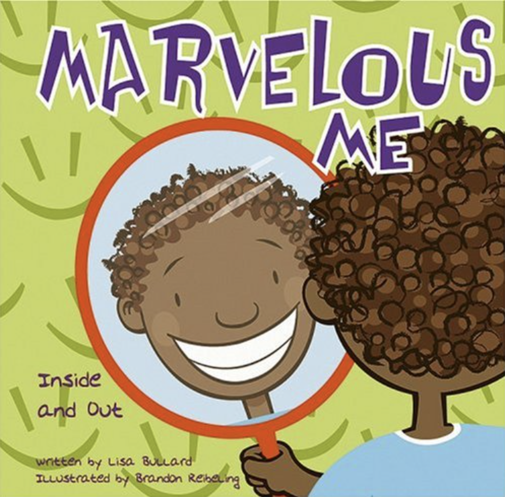 Marvelous Me by Lisa Bullard includes an illustrated cover of a boy looking in the mirror and smiling as one of our all about me books for toddlers.