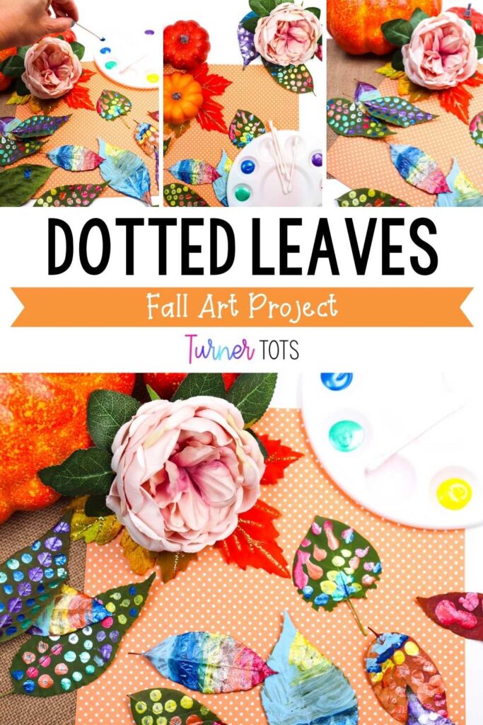 Fall leaves painted with dots using cotton swabs and rainbow paints as one of our fall art projects for preschoolers.