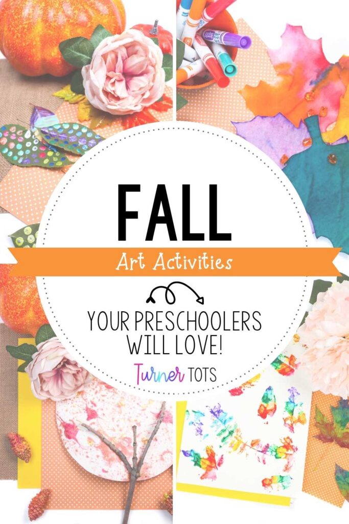 Fall art activities for preschoolers include dotted fall leaves, coffee filter fall leaves, pinecone rolled fall trees, and leaf print paintings.