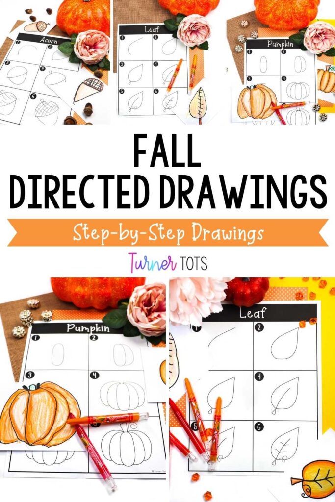 Fall directed drawings posters with step-by-step instructions on how to draw a leaf, acorn, and pumpkin for fall art activities.