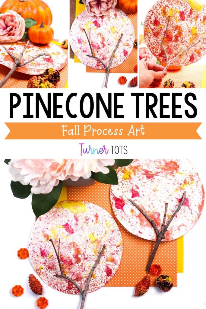 Circular trees painted by rolling pinecones around in a pan with attached sticks as tree trunks.