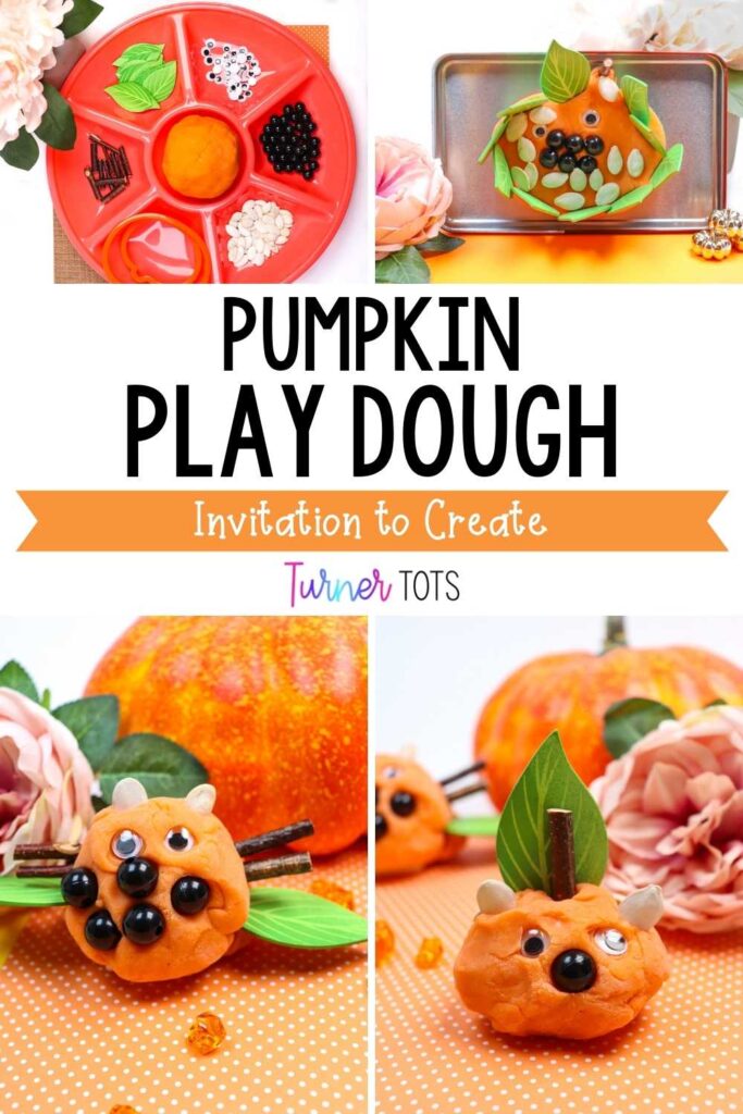 Play dough pumpkins made from a tray of materials: orange play dough, pumpkin seeds, black beads, sticks, wooden leaves, and pumpkin cookie cutters.