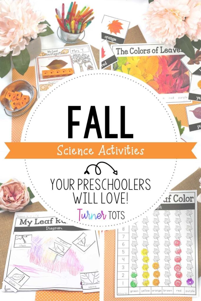 Fall science activities for preschoolers include a leaf investigation, sorting leaves by color, a favorite fall leaf graph, and parts of a leaf with a leaf rubbing.