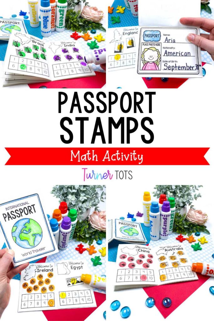 Passport stamp counting activity includes using dot markers to stamp the country stamps on a passport and the corresponding number.