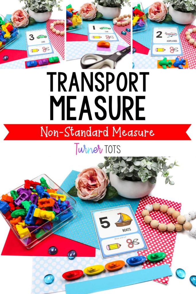Transport non-standard measurement activity includes using transportation counters to measure strips of paper, mark with a pencil, and cut to the matching length.