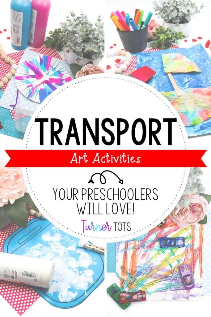 Transportation art activities for kids include hot air balloon spin art, coffee filter sailboat, cloud painting for an airplane, and a car process art painting.