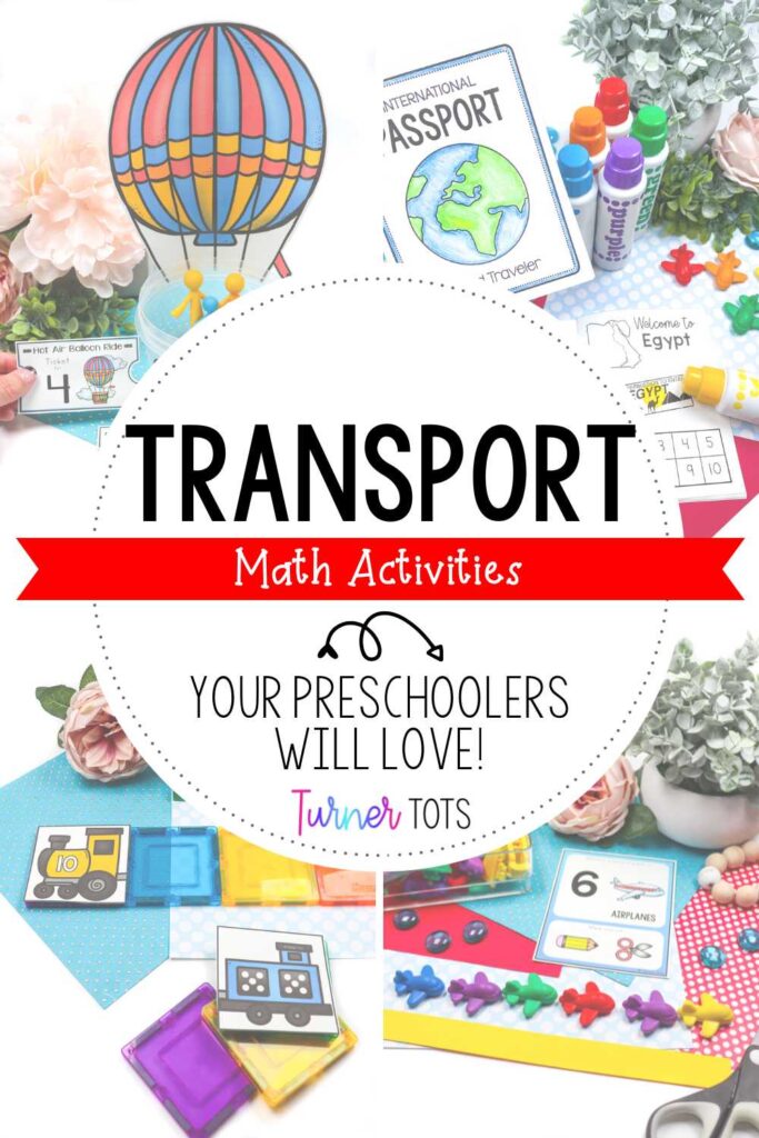 Transportation math activities for preschoolers include a counting hot air balloon ride activity, stamping passports to show numbers, counting train cars using magnetic tiles, and a transportation measurement activity.