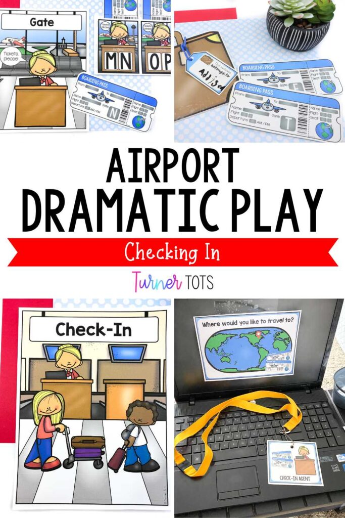 Airport dramatic play includes a check-in poster, a laptop with a ticket agent name tag, lettered tickets, and pretend luggage.