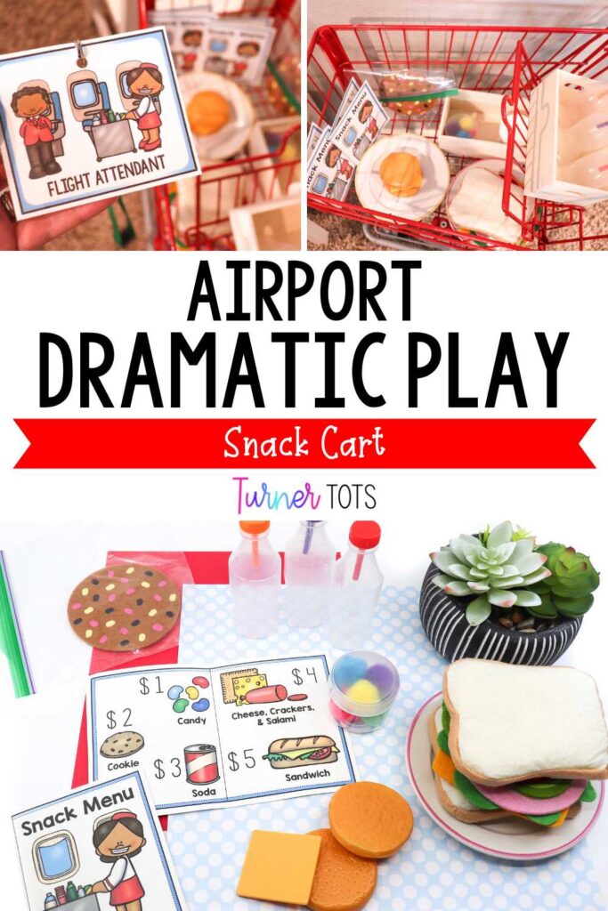 The snack cart on the airplane is a small shopping cart packed with snacks and a pretend menu for the flight attendants to serve to passengers.