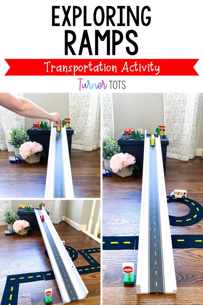 Ramp made from a long piece of wood set on a box for toy cars to go down as one of our transportation activities preschool kids will love.
