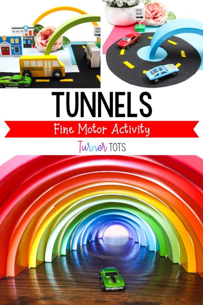 Tunnels made from a wooden rainbow for toy cars to race through as one of our transportation activities preschoolers will love.
