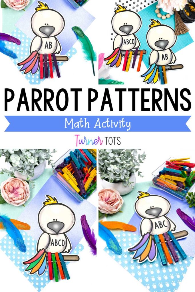 Parrot pattern math activity includes colored clothespins pinned on the tail for the parrot to continue the color pattern as one of our pet math activities for preschoolers.