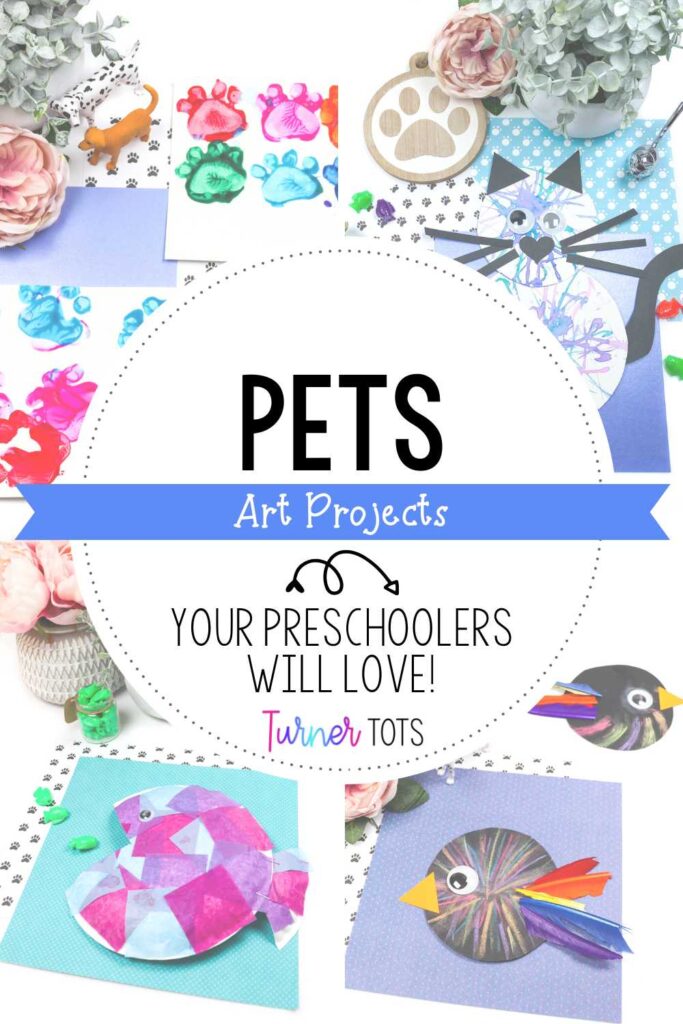 These easy pet art activities include paw print paintings, a cat process art activity, a fish craft, and chalk birds.