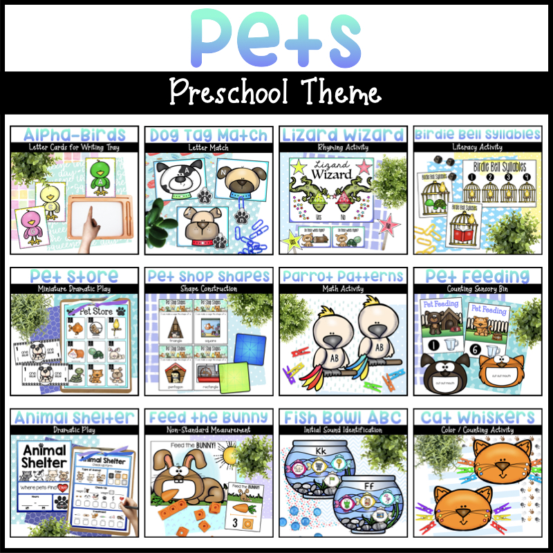 Pet preschool activities including hands-on pet literacy centers, math activities, and animal shelter dramatic play.