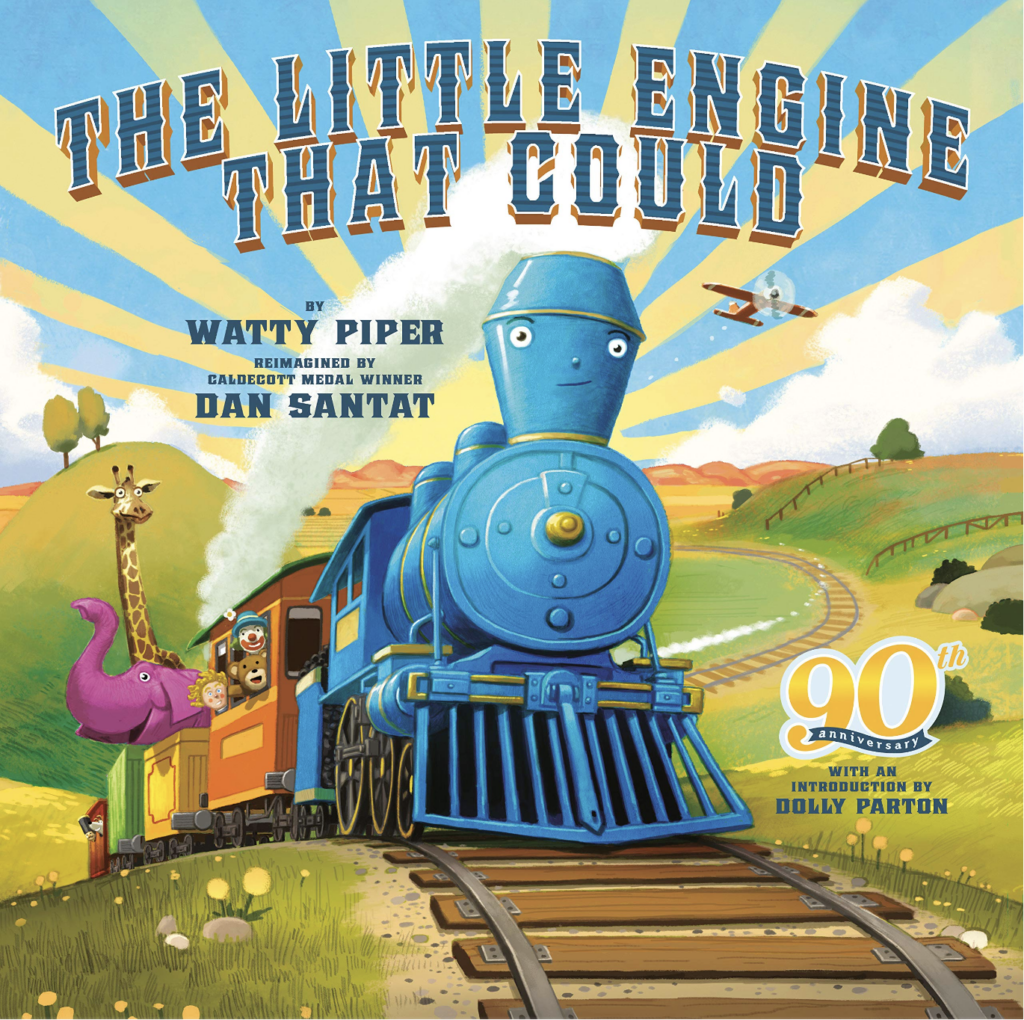 The Little Engine That Could by Watty Piper with an illustrated cover of a blue engine pulling cars full of animals as one of our transportation books for kids.