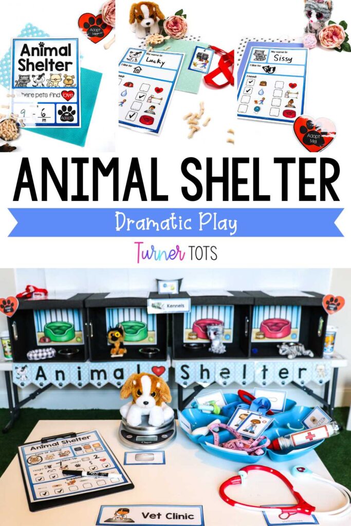 Animal shelter dramatic play includes pretend kennels with dog and cat stuffed animals, a vet check-up area, a sign, and signs for each animal that include spots for their name, likes, and things they need.
