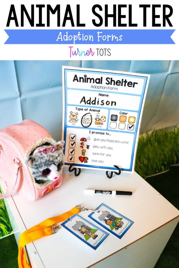 The animal shelter dramatic play includes an adoption form for the new adoptive parents to fill out.