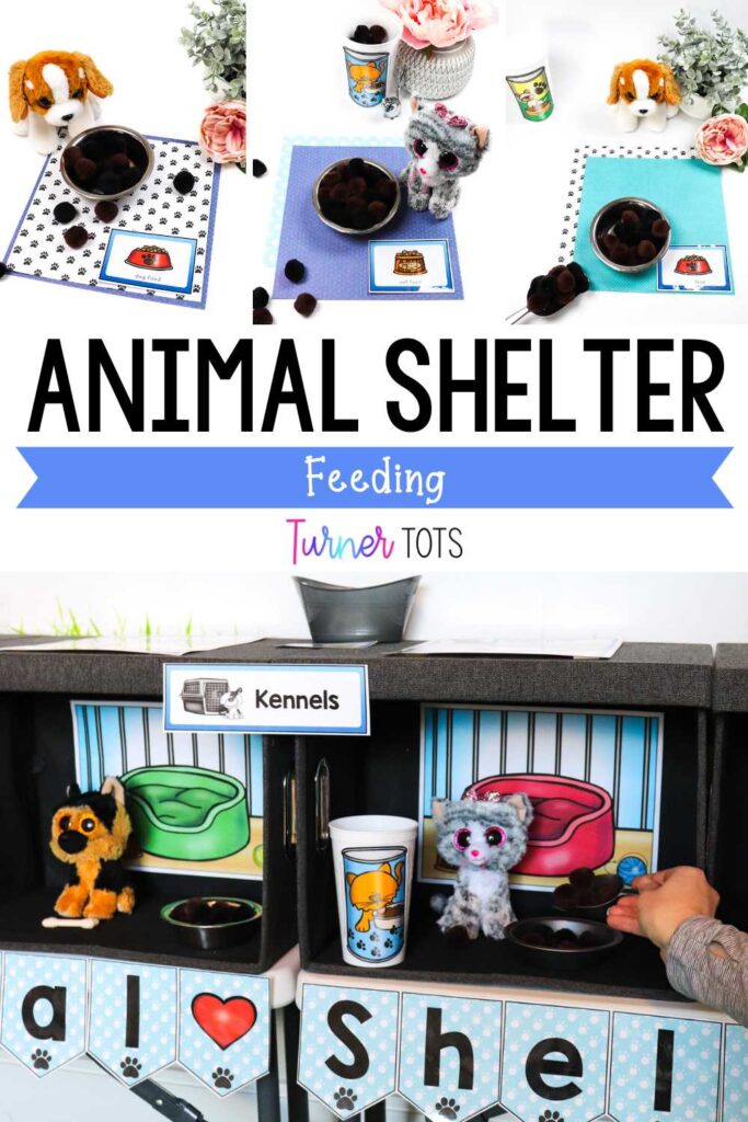 Animal shelter dramatic play includes stuffed animals with small pet bowls filled with pompoms for preschoolers to pretend to feed them.