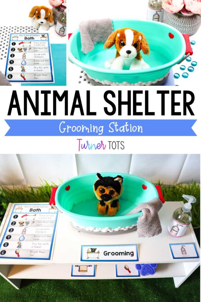 The animal shelter dramatic play includes a grooming station for incoming animals with a bathtub, instructions on how to give an animal a bath, shampoo, and towels.