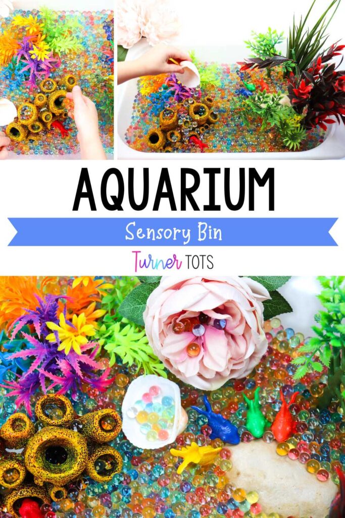 An aquarium sensory bin made with rainbow water beads, aquarium plants, fish counters, rocks, and seashells as one of our pet fine motor activities for preschoolers.