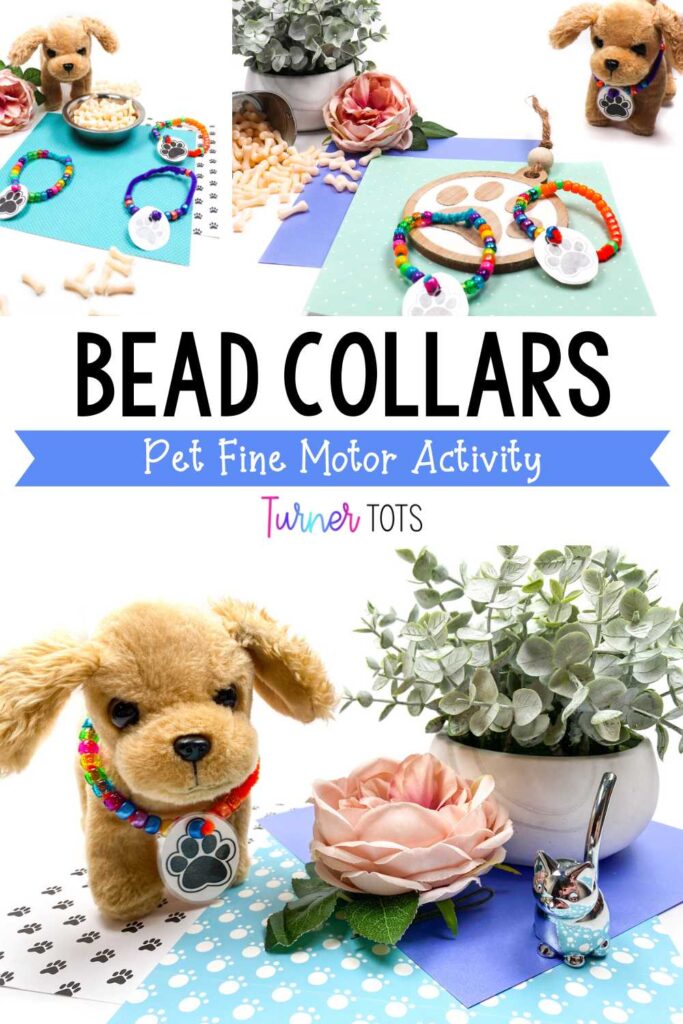 Pet collars made from pony beads and pipe cleaners as one of our pet fine motor activities for preschoolers.