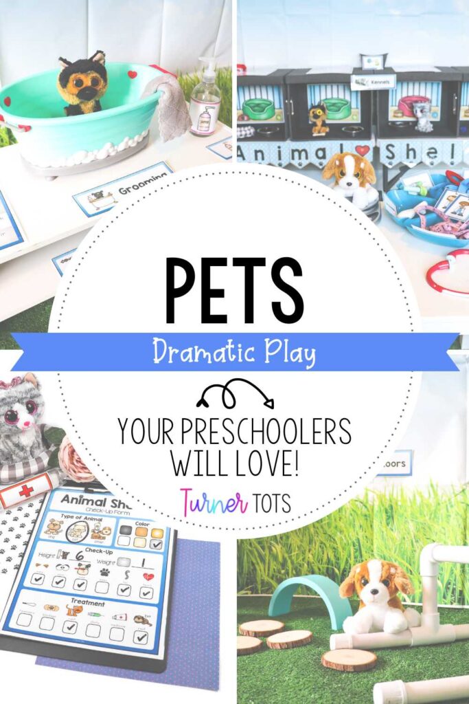 Pet dramatic play includes a pretend animal shelter with a grooming station, kennels, a vet check-up form, and an outdoor play area for the animals.