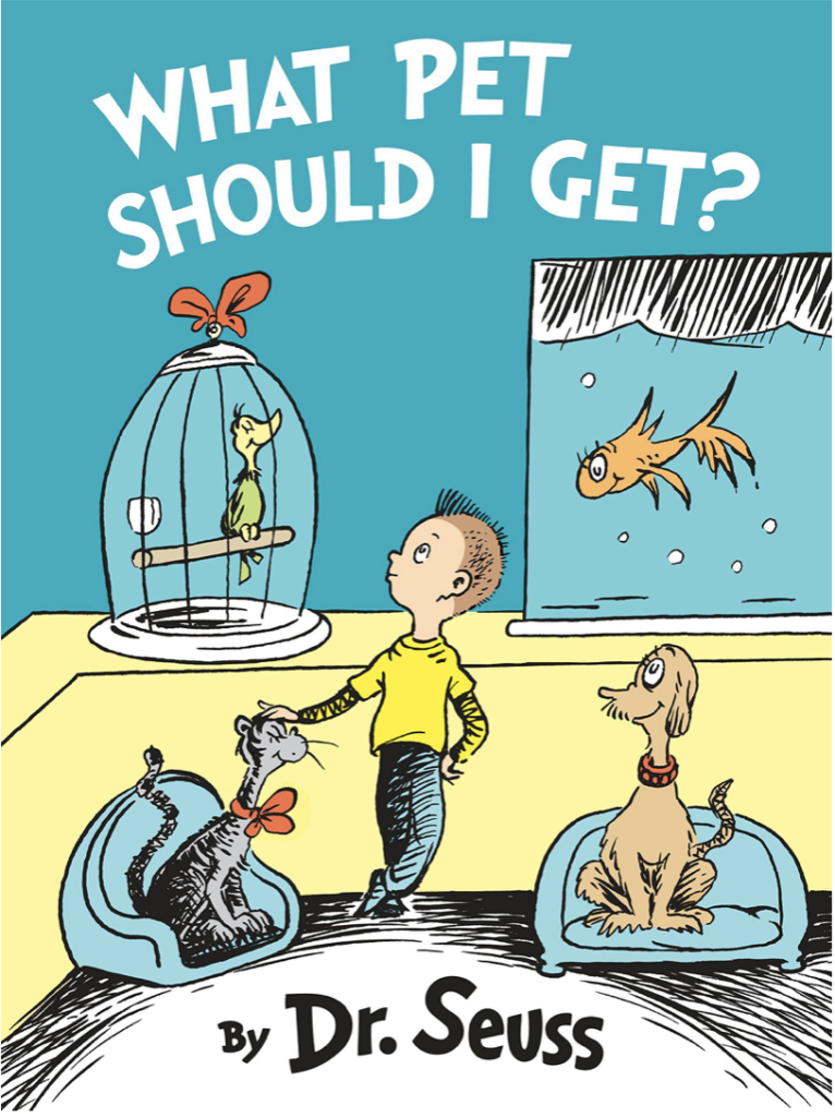 What Pet Should I Get? by Dr. Seuss includes an illustrated cover of a boy petting a cat and looking at other types of pets as one of our books about pets.
