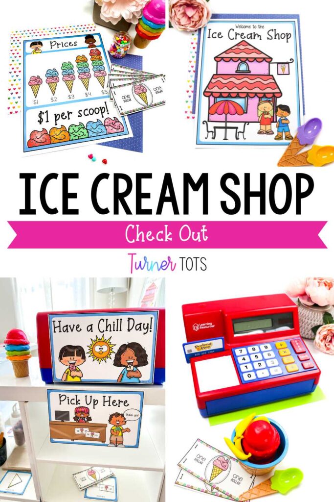 Ice cream shop dramatic play with a price list, cash register, and pretend money.
