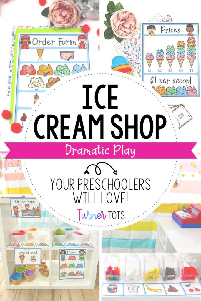 Ice cream shop dramatic play with printable order forms, a price list, jars with pretend toppings, and plastic ice cream in bowls.