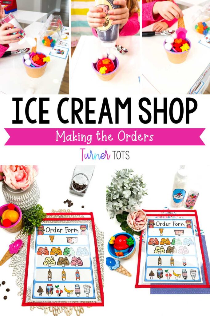 Ice cream shop dramatic play with a preschooler making pretend ice cream and order forms.