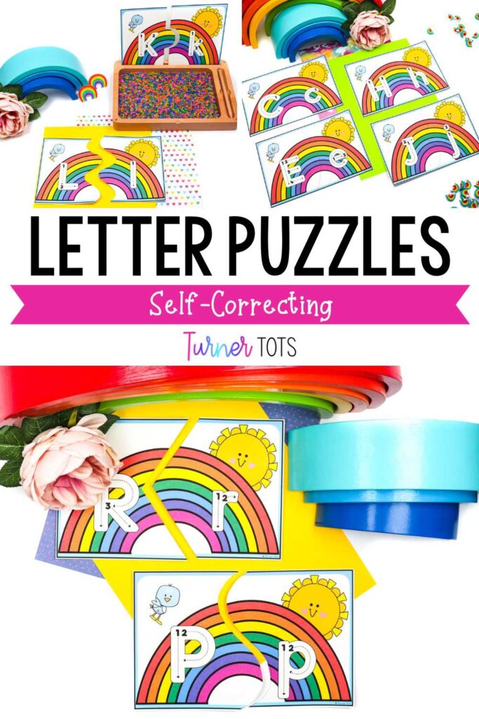 Rainbow alphabet puzzles include uppercase and lowercase letters cut in different ways to make them self-correcting as one of our Saint Patrick’s Day preschool activities.