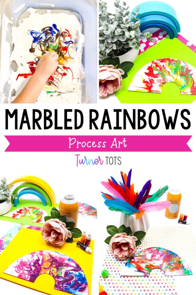 Marbled rainbows are created by swirling food dye in shaving cream and dipping paper into the swirled colors.