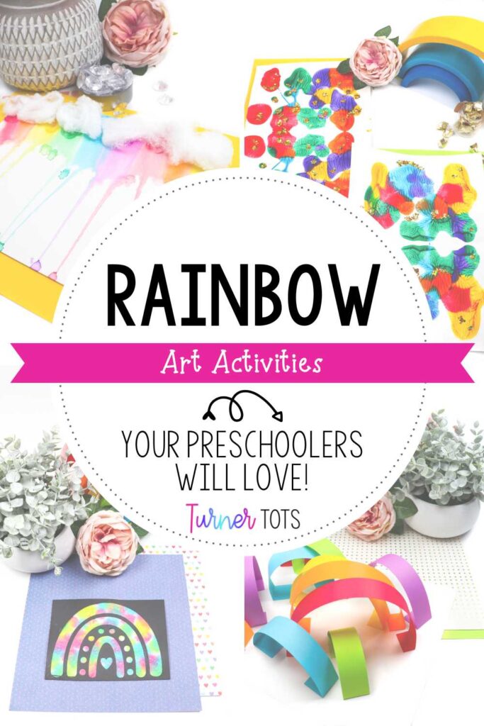 Rainbow art projects for preschoolers include a cloud drip painting, a rainbow fold painting, a rainbow paper sculpture, and tie-dye rainbow art.