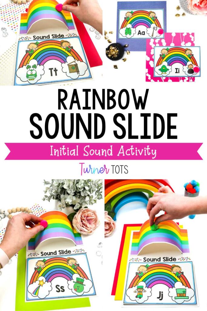 Rainbow slide with rainbow initial sound cards for preschoolers to roll a pompom down to show the correct beginning sound.