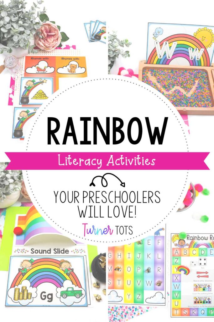 Rainbow literacy activities for preschoolers include a rainbow rice writing tray, a rainbow initial sound slide, a rainbow alphabet game, and a rainbow rhymes activity.