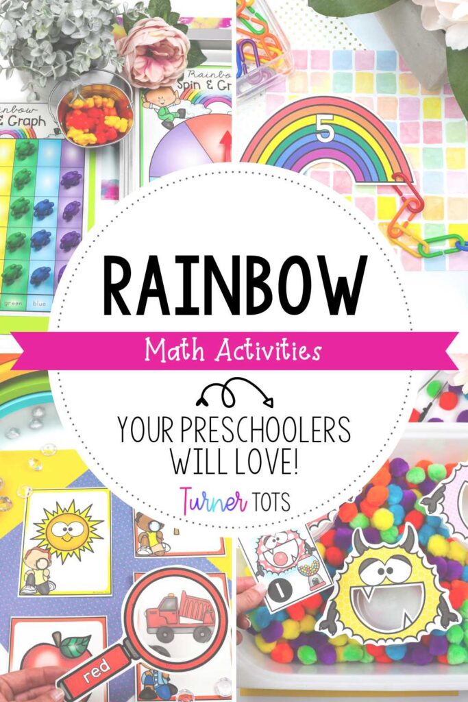 Rainbow math activities for preschoolers include a rainbow graph, a rainbow counting chain activity, a color spy activity, and a counting color monster activity.