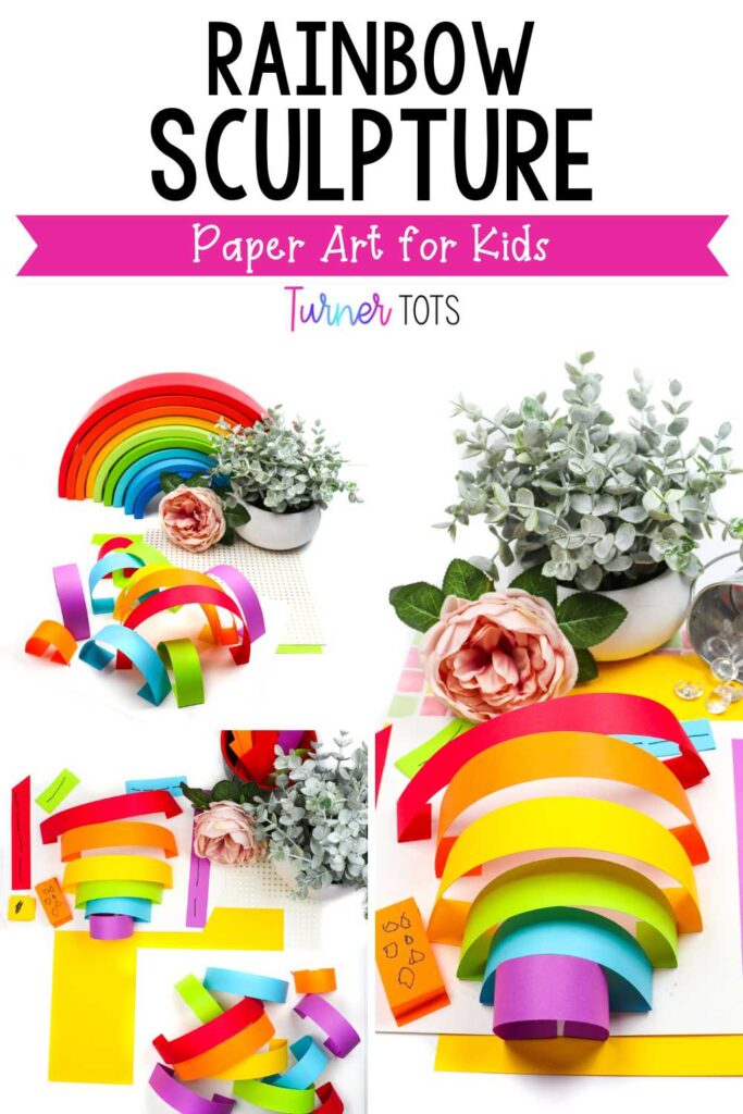 Rainbow paper sculpture includes strips of colored paper glued on paper like the arcs of rainbows.