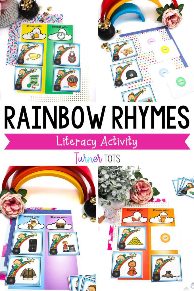 Rainbow mats with words in clouds for preschoolers to match the cards with the rhyming words as one of our Saint Patrick’s Day preschool activities.