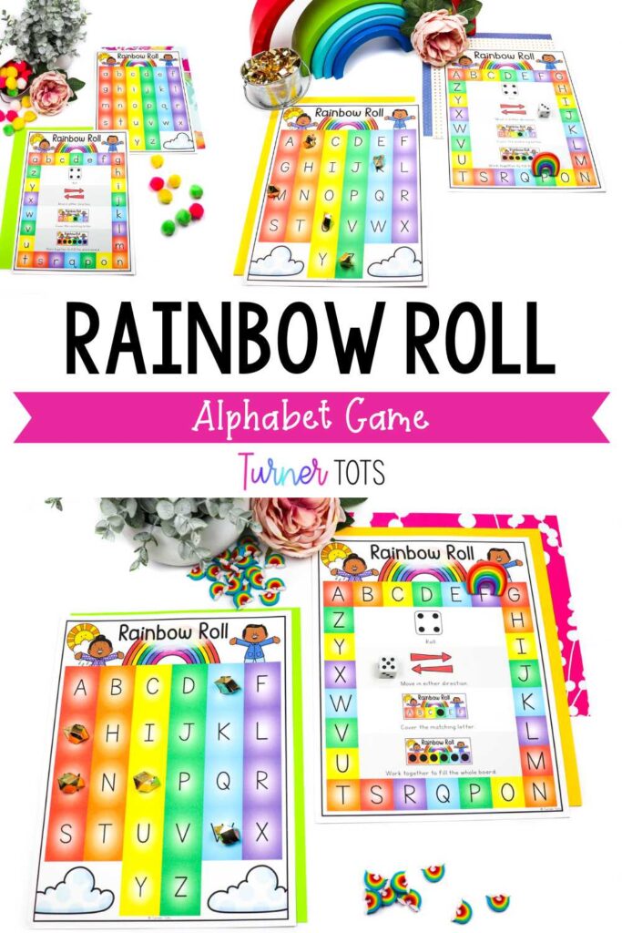 Rainbow alphabet mat and gameboard for preschoolers to cooperatively work on letter identification by rolling the die and trying to land on certain letters.