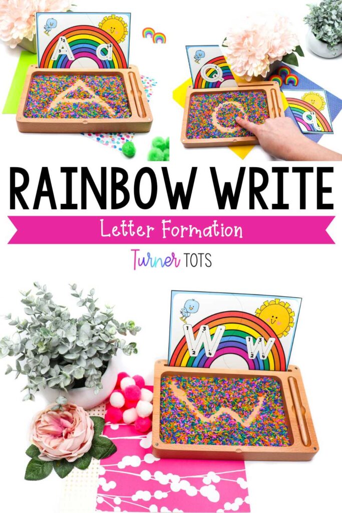 Rainbow alphabet cards paired with a rainbow rice writing tray to practice letter formation as one of our rainbow literacy activities for preschoolers.