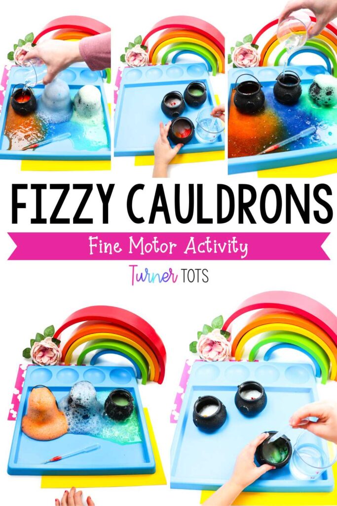 Small plastic cauldrons fizzing during a baking soda and vinegar experiment combined with color mixing for preschoolers to explore.