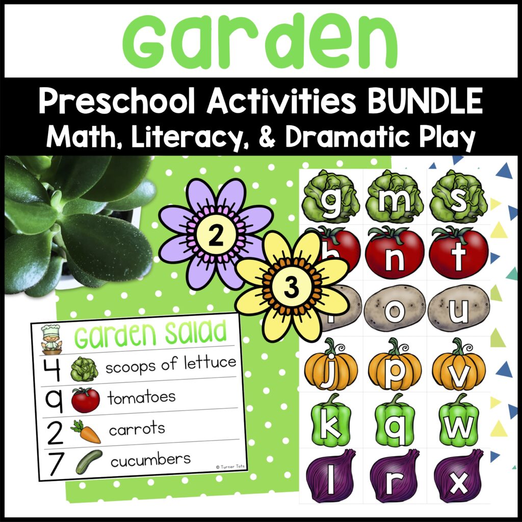 Garden preschool activities for alphabet, math, and flower shop dramatic play.