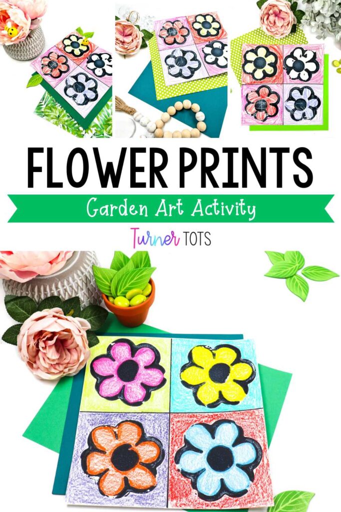Flowers printed with cookie cutters and paint and then colored in to make geometric prints.