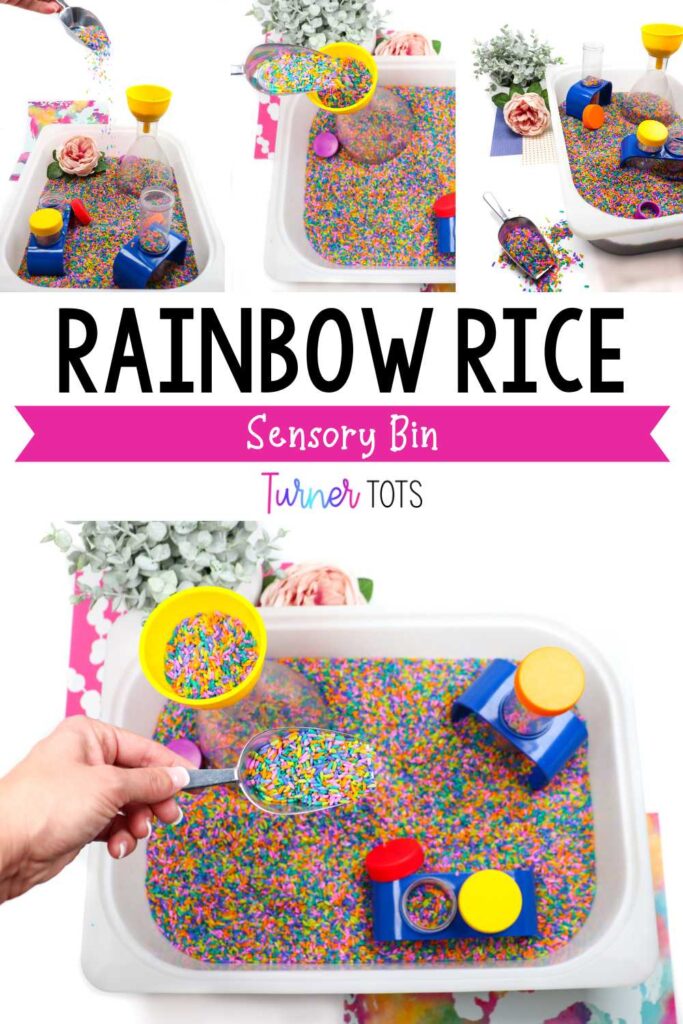 A sensory bin full of rainbow rice with test tubes and funnels for preschoolers to work on scooping and pouring as one of their rainbow fine motor activities.