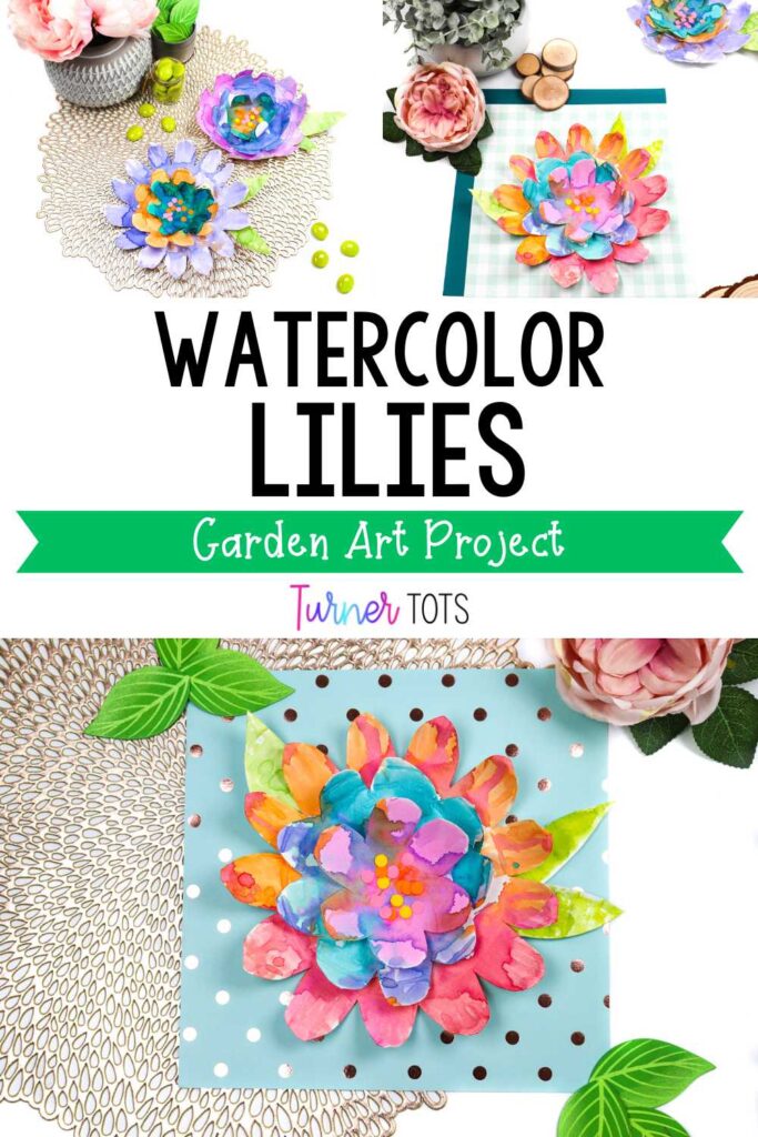 Lilies made from paper plates and watercolors as one of our garden art projects for kids.