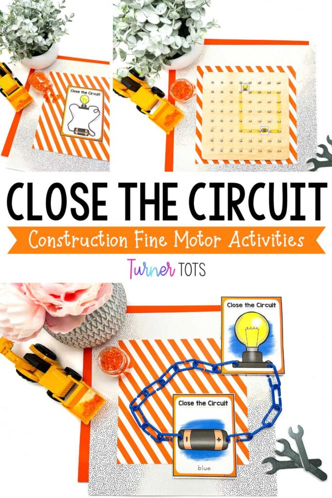 Cards with light bulbs and batteries for preschoolers to connect the circuits using linking chains or rubber bands on a geometry peg board.