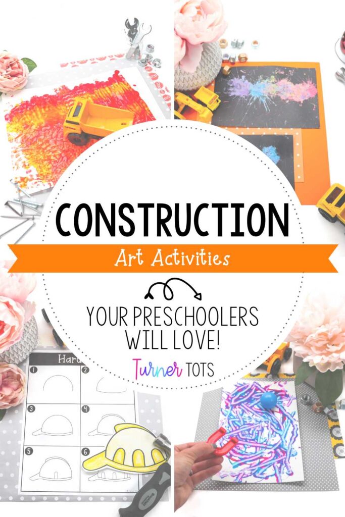 Construction art projects include pictures of a painting done with construction trucks, a chalk smash picture, a directed drawing of a hard hat, and a painting done with magnets.