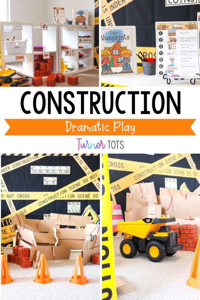 Construction dramatic play with building supplies such as cardboard boards, bricks, dump trucks, cones, tools, and instructions on how to build a house for preschoolers.