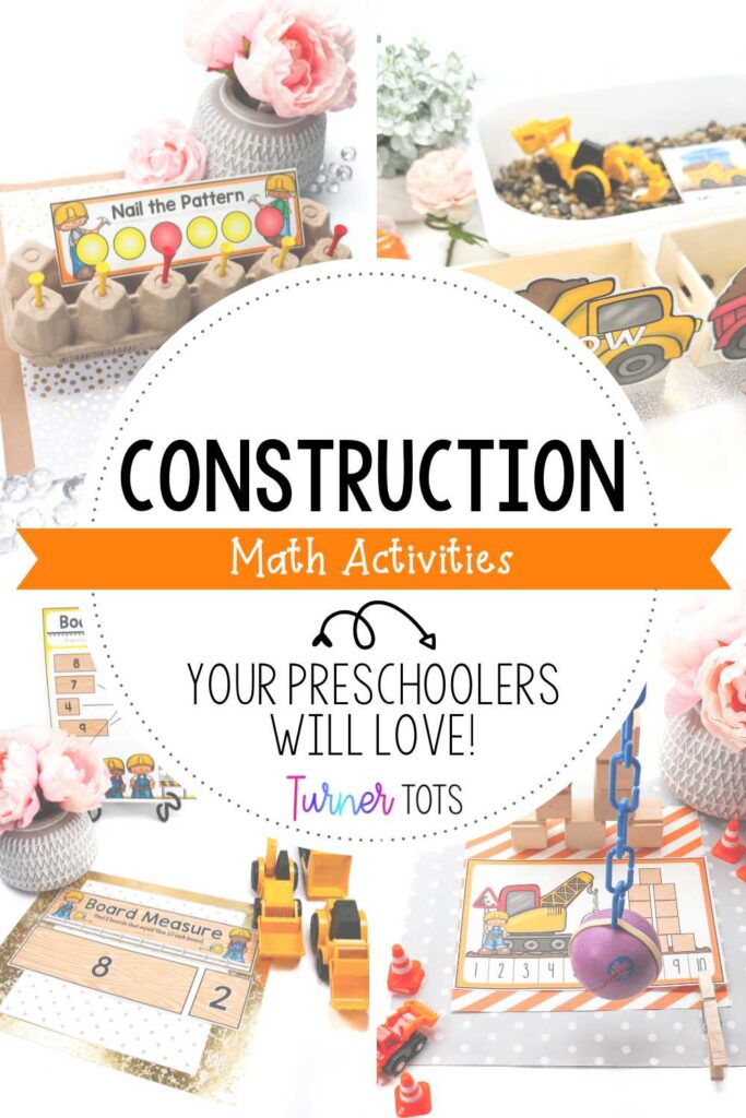 Construction activities for preschool math include nailing golf tees into an egg carton to make a pattern, counting scoops of rocks into colored dump trucks, measuring printable boards, and building block towers to wreck with a wrecking ball.