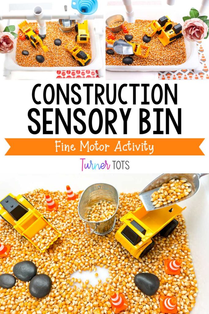 A construction sensory bin filled with popcorn kernels, construction vehicle toys, buckets, rocks, and mini construction cones as one of our building preschool activities.